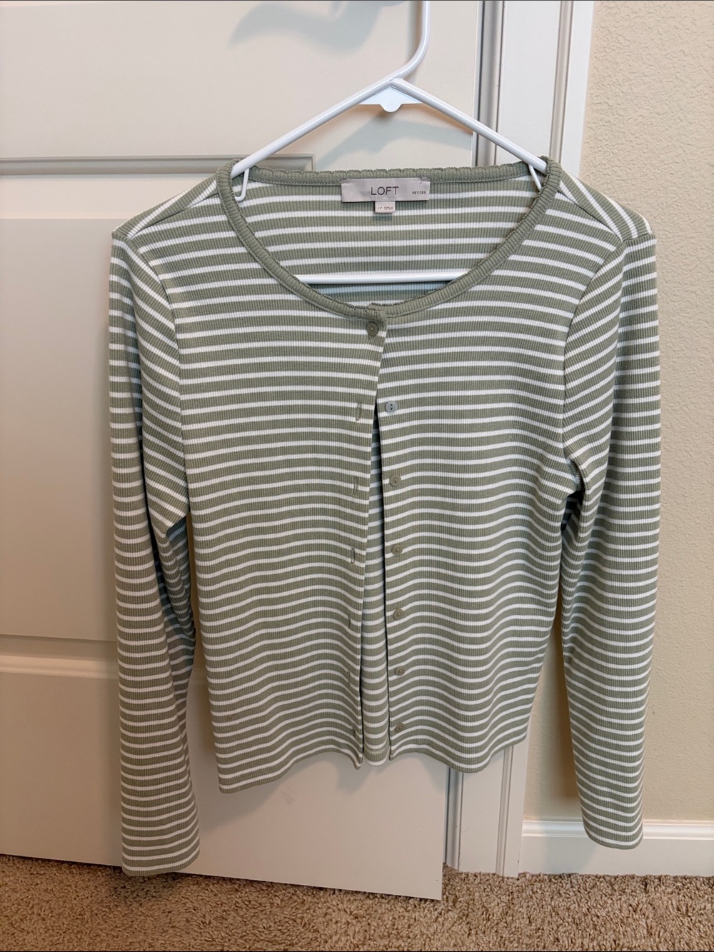 LOFT Sage Green & White Striped Button-Up Cardigan